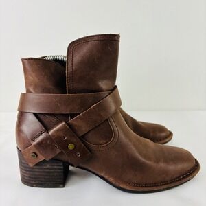 UGG Elysian Brown Leather Harness Ankle Zip Stacked Block Heel Moto Boots Sz 7.5